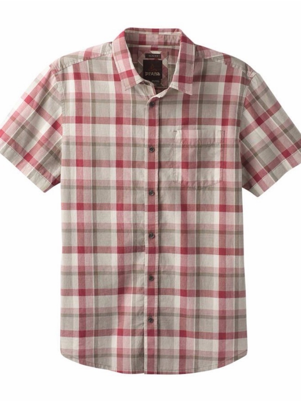 prAna Bryner Slim Fit Short-Sleeve Plaid Button-Down Shirt - Red & Gray- XL